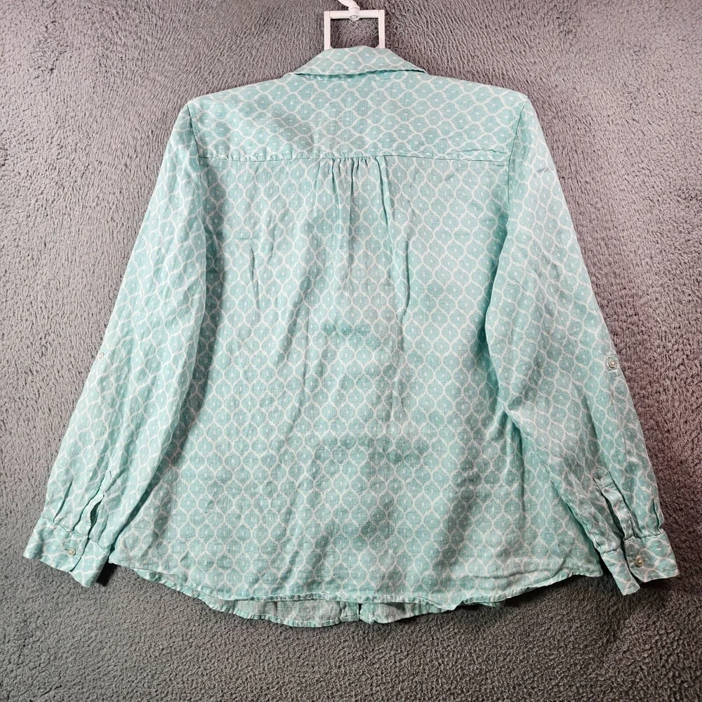 Charter Club Linen Shirt Top Women XL Button‎ Long Sleeve Geometric White Green